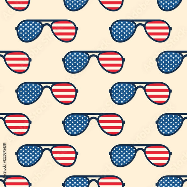 Fototapeta Aviators sunglasses with American flag on lenses. Vector seamless pattern on beige background.