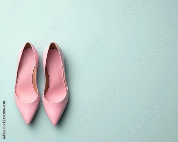 Fototapeta Pink shoes placed on a blue background showcasing vibrant color contrast and design details