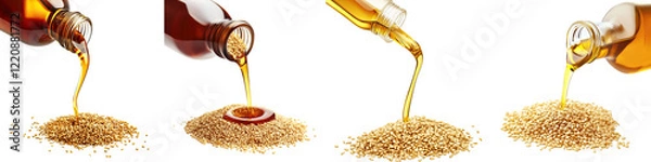Fototapeta Sesame Seed Oil with a Pour Spout – Smooth sesame seed oil in a practical bottle with a pour spout great for stir-fries and dressing. Isolated on Clear White Background Highly Detailed
