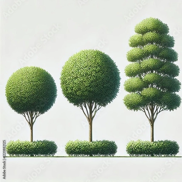 Fototapeta Three leafy green trees stand in a row against a bright white background.
