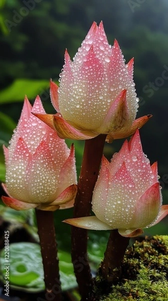 Fototapeta Beautiful pink lotus flowers adorned with dewdrops in a lush, green environment during early morning hours