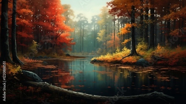 Fototapeta A quiet pond in a fall forest, surrounded by colorful leaves.
