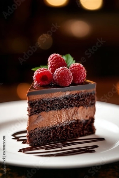 Fototapeta A slice of chocolate fudge cake with layers of rich ganache, topped with glossy dark chocolate drizzle and plump fresh raspberries.