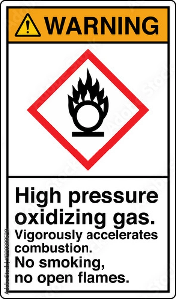 Fototapeta ANSI Z535 GHS Chemicals Label Warning High Pressure Oxidizing Gas Vigorously Accelerates Combustion No Smoking No Open Flames Vertical Black