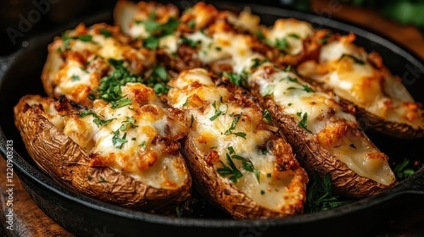 Fototapeta A rustic platter featuring loaded baked potatoes garnished with herbs and meats, showcasing a heartwarming dish that celebrates culinary comfort and satisfaction.