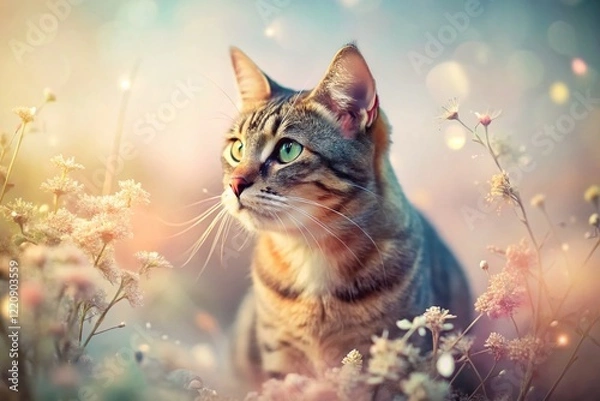 Obraz Curious Cat Double Exposure:  A feline sniffing the air, ethereal floral overlay.