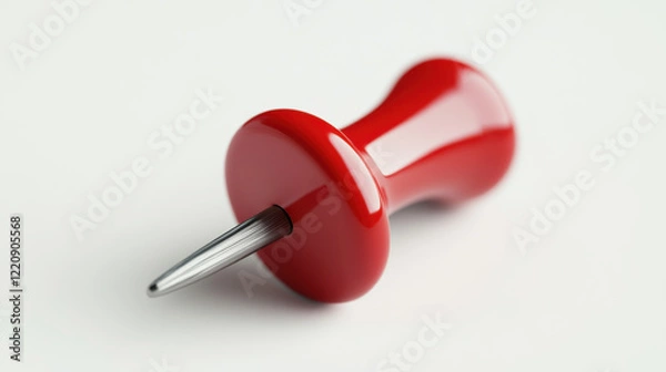Fototapeta Bright red push pin with shiny surface and sharp metal point, ideal for office use