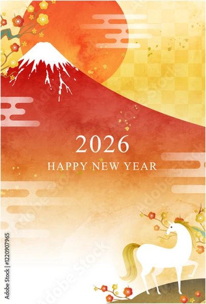 Obraz 水彩の富士山と馬と初日の出の年賀状。2026年午年のデザイン。ベクターイラストテンプレート。