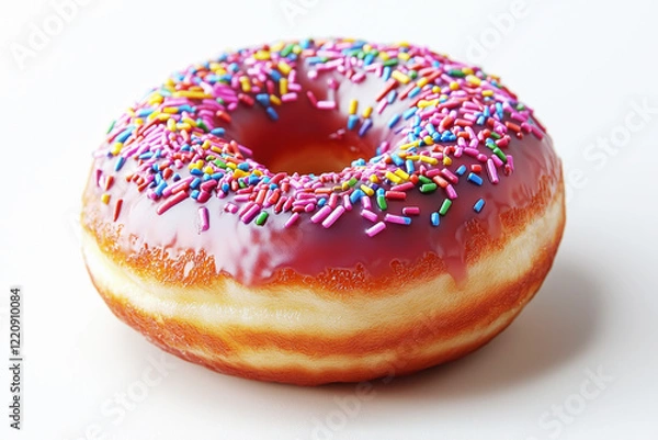 Fototapeta Close-up view of a delicious glazed donut topped with colorful frosting and sprinkles on a clean white background