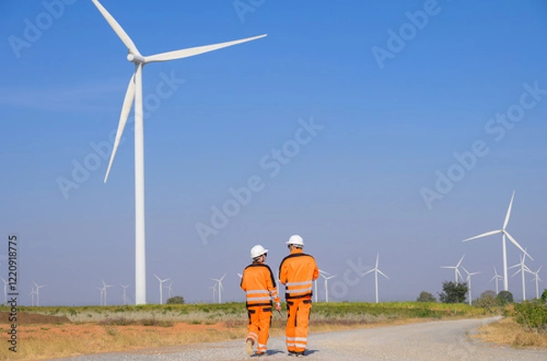 Fototapeta Two engineers in orange safety uniform and white helmets walking down gravel road through wind farm under clear blue sky for inspection and maintenance wind turbines. Ecology green energy industry con