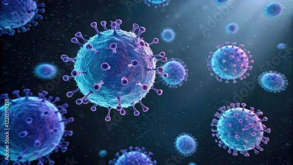 Fototapeta A cluster of glowing blue and purple viral spheres suspended in a dark background, abstract virology, fractal art, cellular patterns, blue light, science inspired