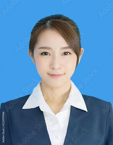 Obraz 女性の証明写真のサンプル。青背景