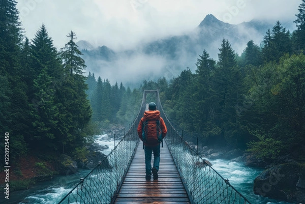 Fototapeta A man seen from behind carrying a sturdy hiking backpack crosses a large elevated wooden bridge that spans a wide span of a rushing river surrounded by dense forest