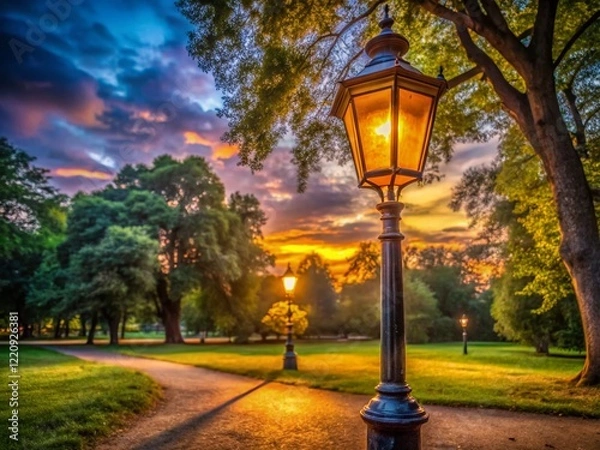 Fototapeta Panoramic View of Old Street Lamp in a Serene Park at Dusk