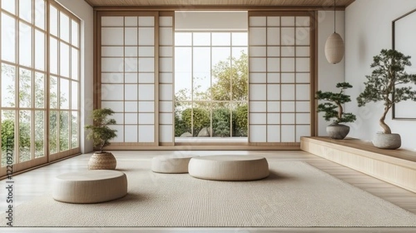 Fototapeta Spacious Room Bathed in Natural Light from Expansive Window with Cozy Large Rug on Polished Floor Creating a Warm and Inviting Atmosphere Perfect for Relaxation and Comfort at Home