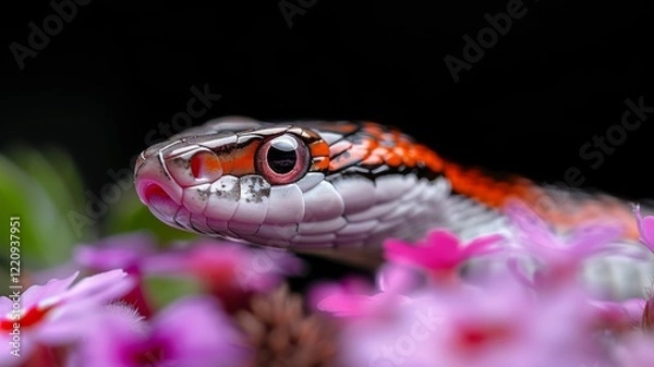 Fototapeta Corn Snake in a Garden: A vibrant orange and red corn snake coiled gracefully in a garden. Reptile. Wildlife. Snakes.