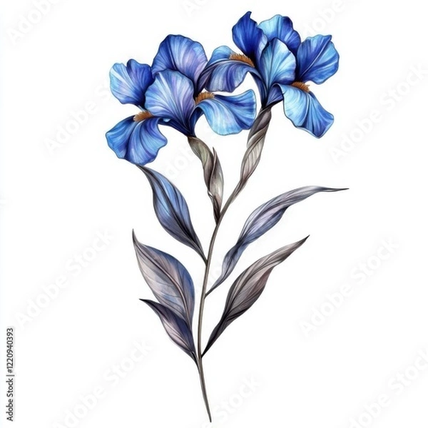 Fototapeta A blue iris flower, elegant botanical art, watercolor technique, isolated on white background,