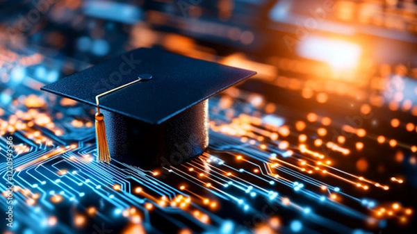 Fototapeta Graduation Cap on Circuit Board Symbol of Technological Advancement in Education