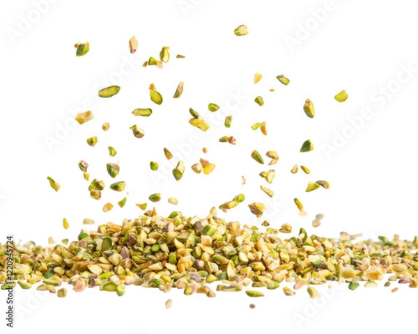 Fototapeta A pile of chopped pistachio nuts with some pieces floating above.