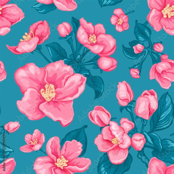 Fototapeta Seamless pattern with hand drawn sketch of pink Apple tree flowers. Vector illustration of spring Apple flowers, buds and leaves. Botanical colored drawing of blossom isolated on a blue background