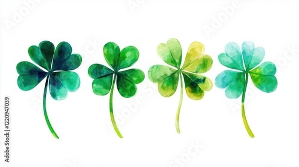 Fototapeta Set of four water - colored four - leaf clovers in different shades of green and blue, isolated on a white background, symbolizing luck and good fortune. St. Patrick theme.