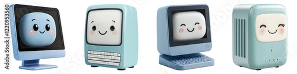 Fototapeta cute cartoon and clipart concept. Cute cartoon computers with smiling faces in pastel colors.