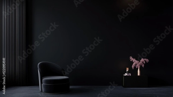 Fototapeta A black room with a black chair and a vase of flowers