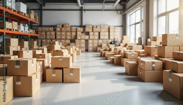 Fototapeta Storage room filled with stacked cardboard boxes