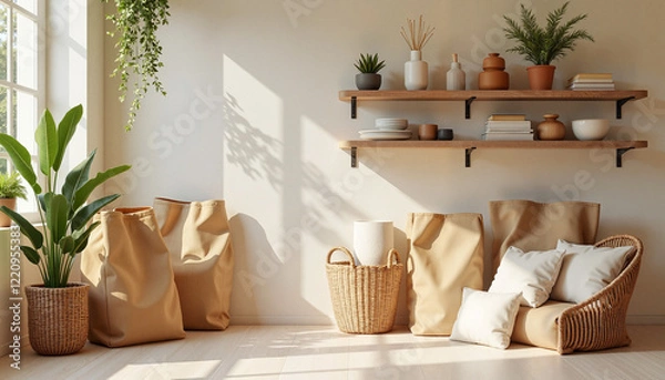 Fototapeta Home interior with cozy decor in natural light