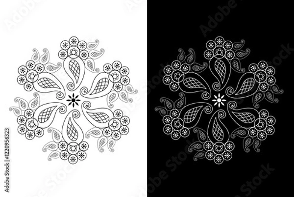 Fototapeta Indian Traditional and Cultural Rangoli or Mandala design concept of conch shells with circles isolated on black and white background - vector illustration
