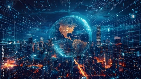 Fototapeta A cyberpunk city skyline with glowing data streams, representing Data Sovereignty, with a globe in the center and a single figure struggling to break free