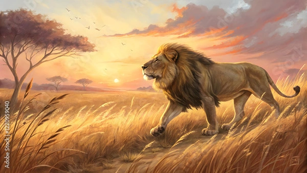 Obraz A majestic lion basking in the sunset with its magnificent mane glowing in the sun