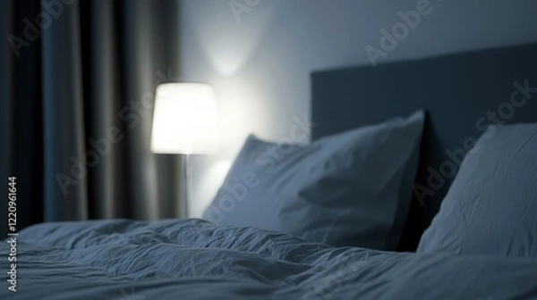 Fototapeta A bed with two pillows and a lamp on the nightstand