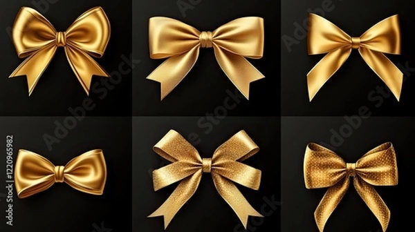 Fototapeta Collection of golden bows and ribbons, isolated on a transparent background