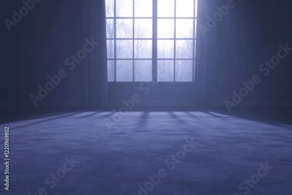 Fototapeta A window with a curtain is open, letting in a dim light