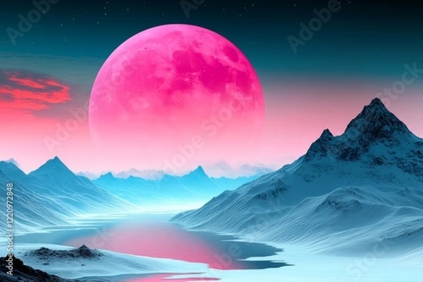 Fototapeta Stunning surreal landscape with pink moon over snow-capped mountains and tranquil water reflection