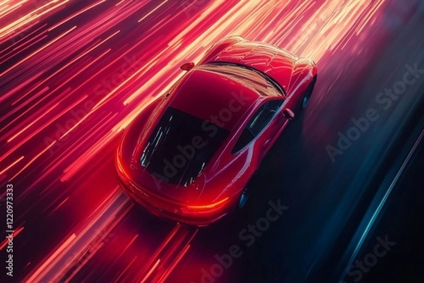 Fototapeta Sleek red sports car speeding on light trails at night dynamic motion concept for modern transportation and innovation