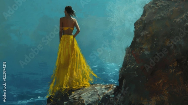Fototapeta Solitary Figure in Golden Gown by the Ocean's Edge