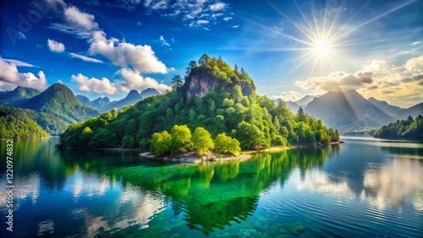 Obraz Serene Mountain Lake Island Panoramic - Tranquil Nature Escape