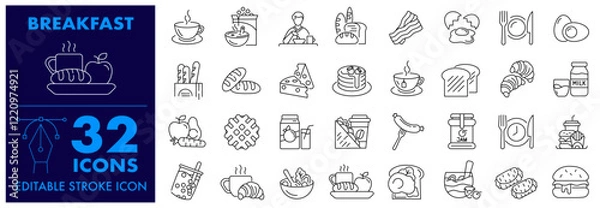 Obraz Breakfast icons  Bread, Egg, Coffee, Cereals, Pancakes, Toast, Bacon, Orange Juice, Baguette, Healthy Food, Related to food and drink Meal Editable  Stroke Icons set.