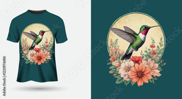 Obraz T-shirt design hummingbird with flowers back round.