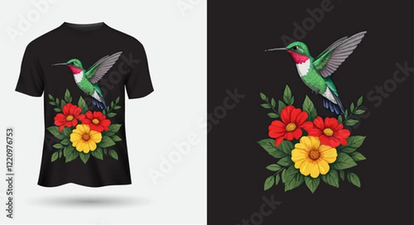 Obraz T-shirt design hummingbird with flowers back round.