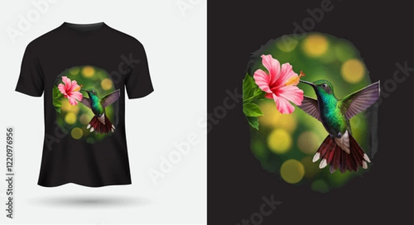 Obraz T-shirt design hummingbird with flowers back round.