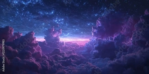 Fototapeta Bright neon-colored clouds with glowing lightning and stars. Perfect for dreamlike, magical, and artistic visuals.