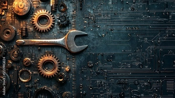 Fototapeta Intricate Industrial Machinery Components and Tools in Metallic Tones