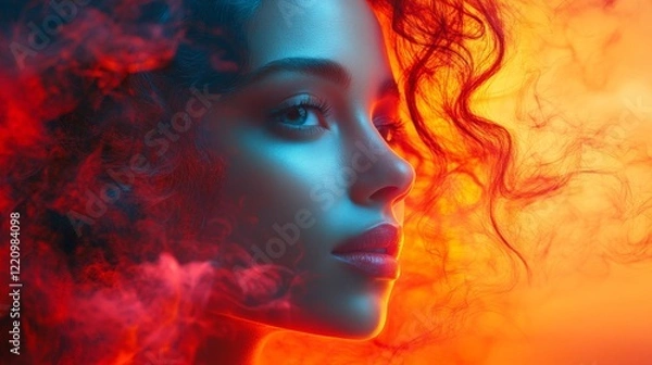 Obraz Profile of a woman in dramatic orange and red lighting