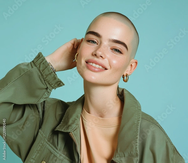 Fototapeta A portrait of a female influencer with a shaved head, smiling and wearing an elegant jacket and white t-shirt. 