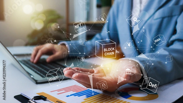 Fototapeta Blockchain Technology Concept, Defi, RWA, Ai agent, Web3, Revolutionizing Industries, Exploring the Boundless Potential for Secure, Decentralized Transactions and Immutable Digital Data Management.