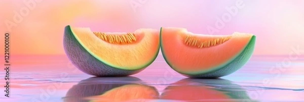 Fototapeta Vibrant Cantaloupe Melon Halves with Visible Seeds on Reflective Surface