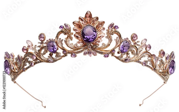 Fototapeta A Delicate Tiara with Purple Gemstones and Floral Accents Exuding Royal Elegance and Charm isolated on transparent background. Isolated on transparent background.